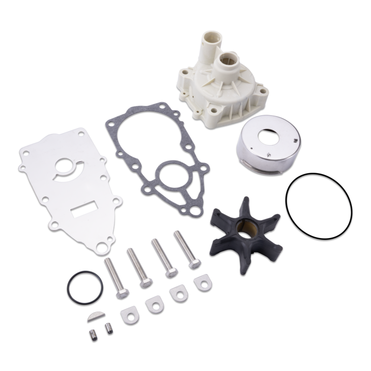 A water pump gasket kit with various components including a white plastic water pump, white gaskets, a black impeller, silver bolts, washers, and O-rings, arranged on a clean white background.