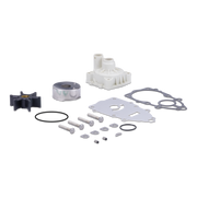 A water pump gasket kit with various components including a white plastic water pump housing, a silver metal impeller, a silver metal bearing, gaskets, O-rings, and mounting bolts and washers, arranged neatly on a solid white background.