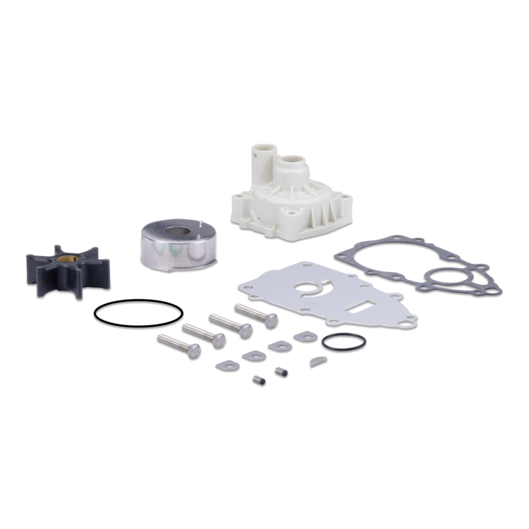 A water pump gasket kit with various components including a white plastic water pump housing, a silver metal impeller, a silver metal bearing, gaskets, O-rings, and mounting bolts and washers, arranged neatly on a solid white background.