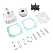 A water pump gasket kit with various components laid out on a white background, including a white plastic water pump, a silver metal impeller, a black impeller hub, two light green gaskets, a white mounting plate, several silver bolts, washers, and O-rings.