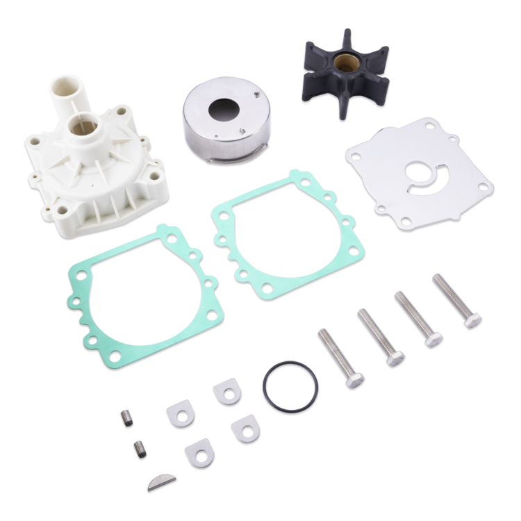 A water pump gasket kit with various components laid out on a white background, including a white plastic water pump, a silver metal impeller, a black impeller hub, two light green gaskets, a white mounting plate, several silver bolts, washers, and O-rings.