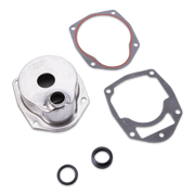 A metal engine gasket kit on a white background, including a polished silver aluminum component, two dark gray metal gaskets, and two black rubber O-rings.