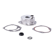 A metallic cylindrical mechanical component with a flanged base, shown with several gaskets and small black O-rings on a plain white background.