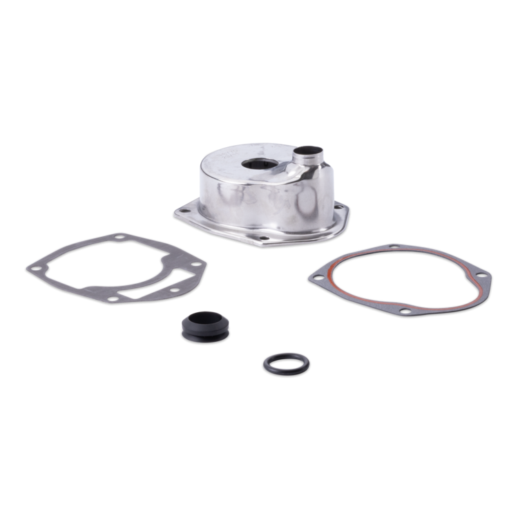 A metallic cylindrical mechanical component with a flanged base, shown with several gaskets and small black O-rings on a plain white background.