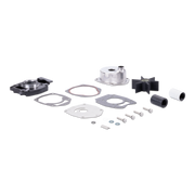 A set of mechanical parts and gaskets arranged on a plain white background, including metal housings, washers, screws, a black impeller-like piece, and a white cylindrical section.