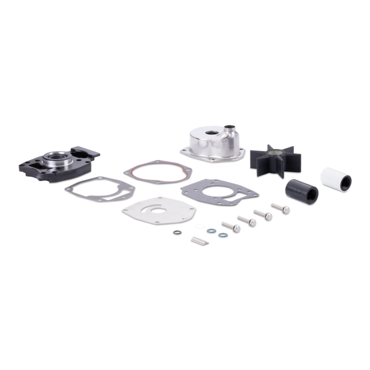 A set of mechanical parts and gaskets arranged on a plain white background, including metal housings, washers, screws, a black impeller-like piece, and a white cylindrical section.