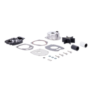 A mechanical parts kit laid out on a white background, including a black housing component, a silver cylindrical metal piece, a black impeller, gaskets, washers, screws, and small hardware.