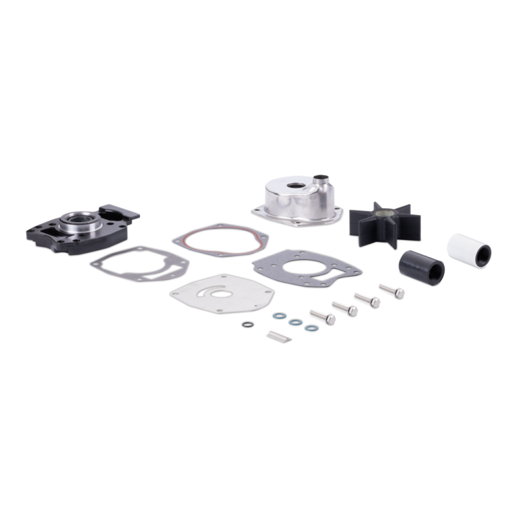 A mechanical parts kit laid out on a white background, including a black housing component, a silver cylindrical metal piece, a black impeller, gaskets, washers, screws, and small hardware.