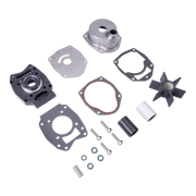 A set of pump components laid out on a white background, including a silver pump housing, black impeller, gaskets, washers, bolts, and small cylindrical parts.