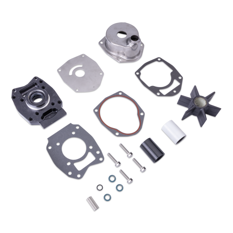 A set of pump components laid out on a white background, including a silver pump housing, black impeller, gaskets, washers, bolts, and small cylindrical parts.