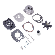 A set of metal mechanical parts and gaskets laid out on a white background, including a silver pump housing, black impeller, gaskets, washers, bolts, and a small white cylindrical piece.