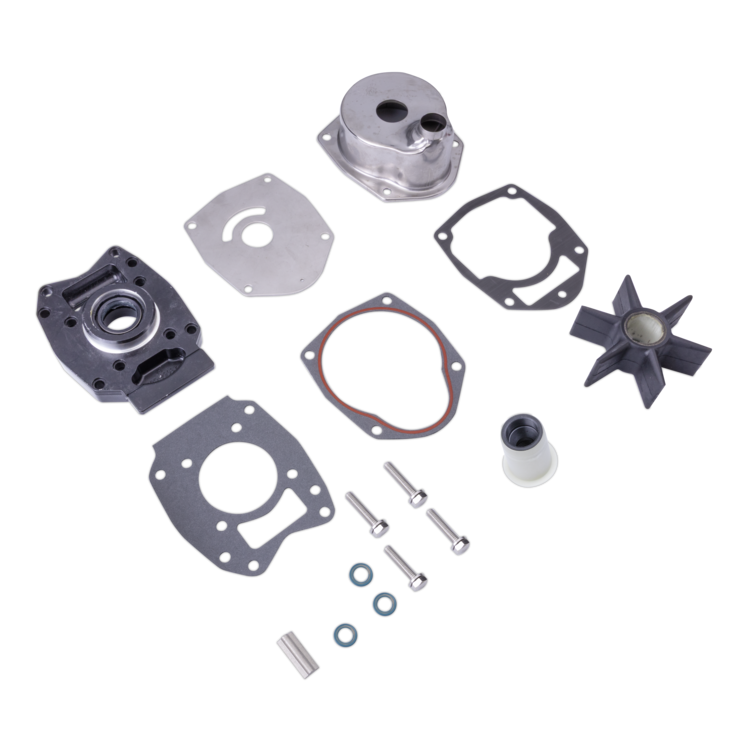 A set of metal mechanical parts and gaskets laid out on a white background, including a silver pump housing, black impeller, gaskets, washers, bolts, and a small white cylindrical piece.