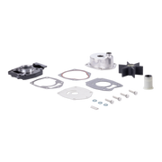 A set of mechanical engine parts including a black impeller, silver housing, black impeller, gaskets, washers, and mounting hardware, arranged on a plain white background.