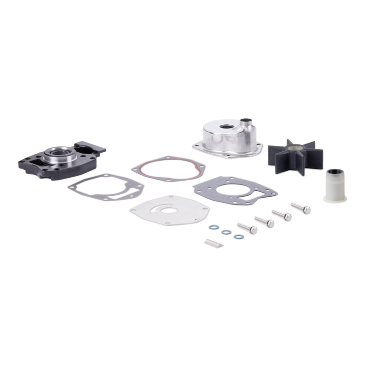 A set of mechanical engine parts including a black impeller, silver housing, black impeller, gaskets, washers, and mounting hardware, arranged on a plain white background.