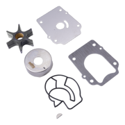 An water pump kit containing a black impeller, a silver metal pump housing, a silver metal cover plate, a large silver gasket, black rubber gaskets, and a small metal clip, all arranged on a plain white background.