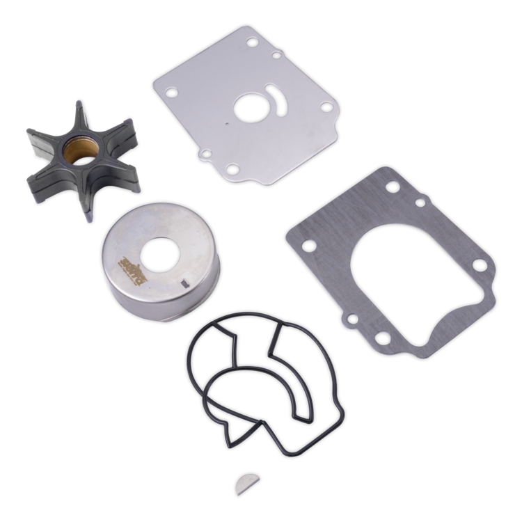 An water pump kit containing a black impeller, a silver metal pump housing, a silver metal cover plate, a large silver gasket, black rubber gaskets, and a small metal clip, all arranged on a plain white background.