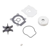 A set of small mechanical parts and gaskets laid out on a plain white background, including an impeller-like piece, a black gasket, a white round component, a thin black ring, and a small white cap.