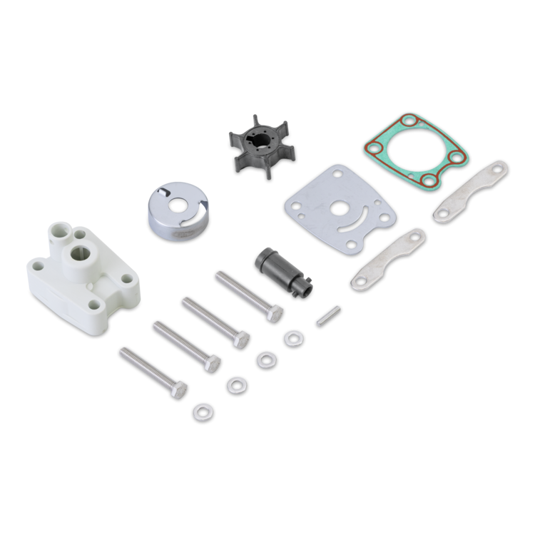 A set of small mechanical hardware components laid out on a white background, including metal bolts, washers, a small cylindrical piece, a white plastic housing, black impeller, a square metal plate, and a green gasket.