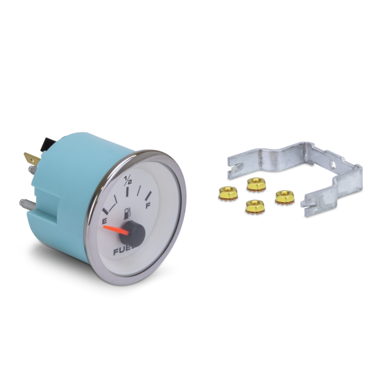 Fuel gauge with mounting hardware on a white background