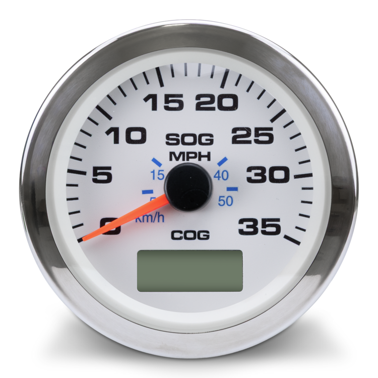 A round speedometer gauge with a chrome bezel, white face, black markings, blue MPH and km/h sub-dials, and an orange needle. A small digital display is visible at the bottom center.