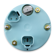 A circular light blue backplate with multiple screw terminals, connectors, and a central gray component, isolated on a white background.