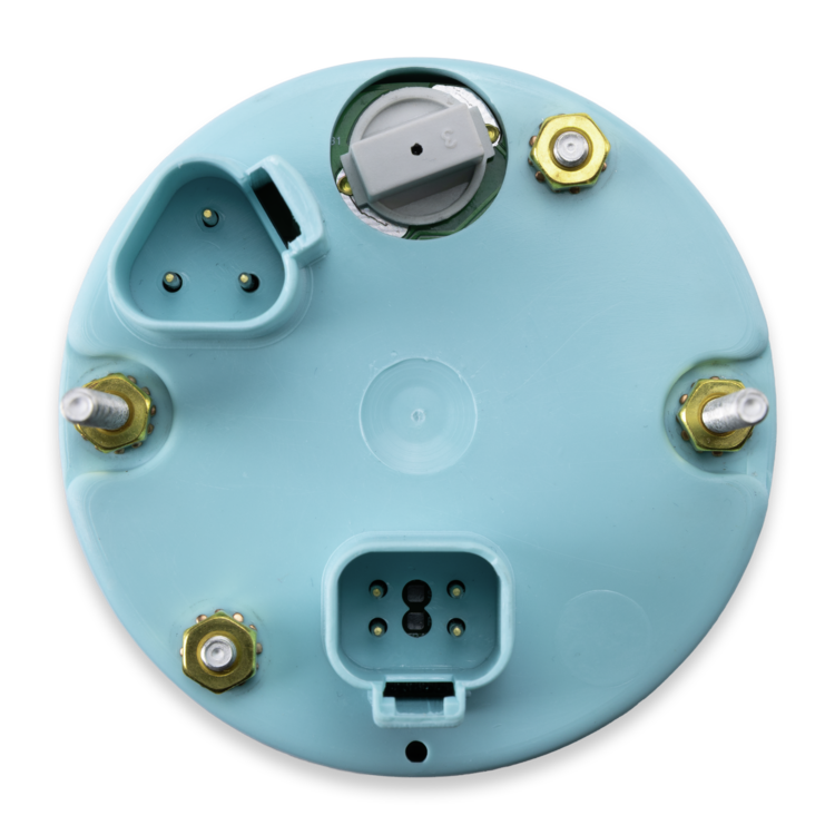 A circular light blue backplate with multiple screw terminals, connectors, and a central gray component, isolated on a white background.