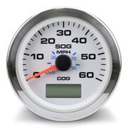 A circular analog speedometer gauge with a chrome bezel, white face, black markings, blue MPH and km/h sub-scale text, and an orange needle. A small digital display is visible at the bottom center.