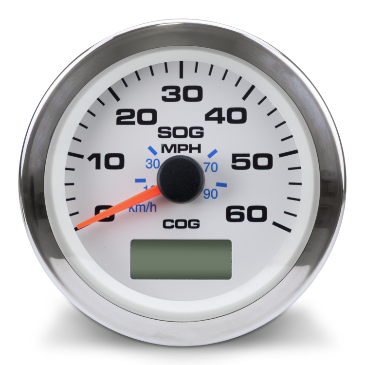 A circular analog speedometer gauge with a chrome bezel, white face, black markings, blue MPH and km/h sub-scale text, and an orange needle. A small digital display is visible at the bottom center.