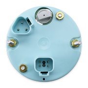 A circular light blue plastic backplate with multiple molded connectors, terminal screws, and gold-toned metal contacts on a plain white background.
