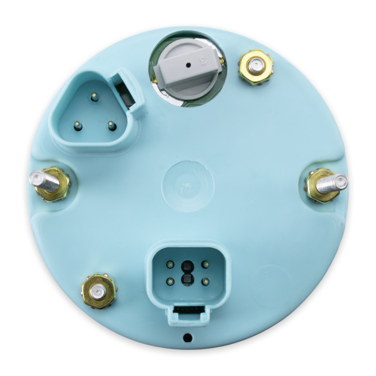 A circular light blue plastic backplate with multiple molded connectors, terminal screws, and gold-toned metal contacts on a plain white background.