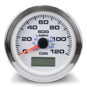 A circular analog speedometer gauge with a chrome bezel, white face, black markings, blue secondary numbers, and an orange needle. The dial shows speed in MPH and COG, with a small digital display window at the bottom.