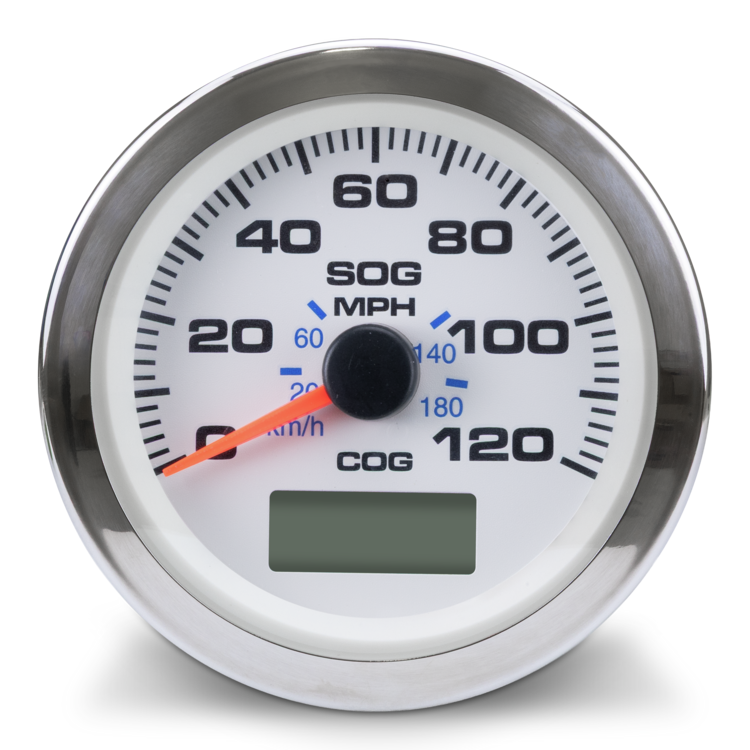 A circular analog speedometer gauge with a chrome bezel, white face, black markings, blue secondary numbers, and an orange needle. The dial shows speed in MPH and COG, with a small digital display window at the bottom.