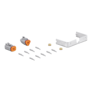 An electrical connector kit on a white background, featuring two gray connectors with orange terminal faces, ten silver metal pins, two small gold-toned terminal caps, and a white metal bracket.