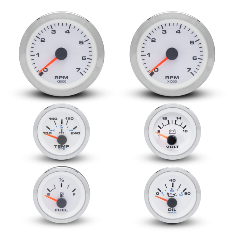 Six dashboard gauges with silver bezels and white faces, including an RPM tachometer, second RPM gauge, temperature gauge, voltage gauge, fuel gauge, and oil pressure gauge, arranged on a light gray background.