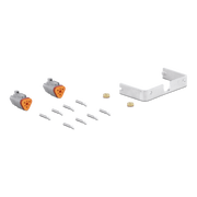 An electrical connector kit on a white background, featuring two gray connectors with orange triangular sockets, eight silver metal terminal screws, and a white metal bracket with two small gold-colored washers.