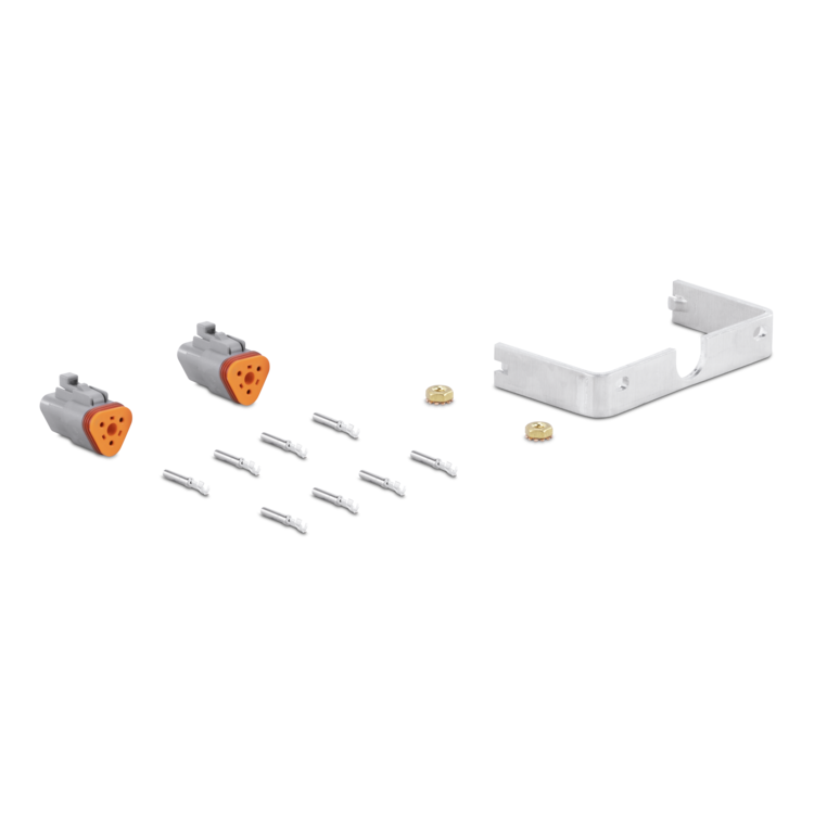 An electrical connector kit on a white background, featuring two gray connectors with orange triangular sockets, eight silver metal terminal screws, and a white metal bracket with two small gold-colored washers.