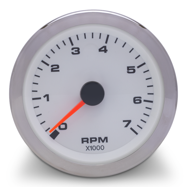 RPM gauge with white face and silver rim on a white background
