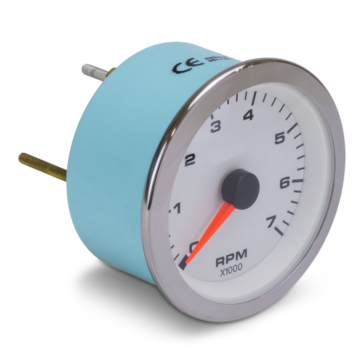 RPM gauge with blue casing on a white background