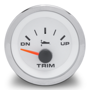Trim gauge with white face and silver rim on a white background