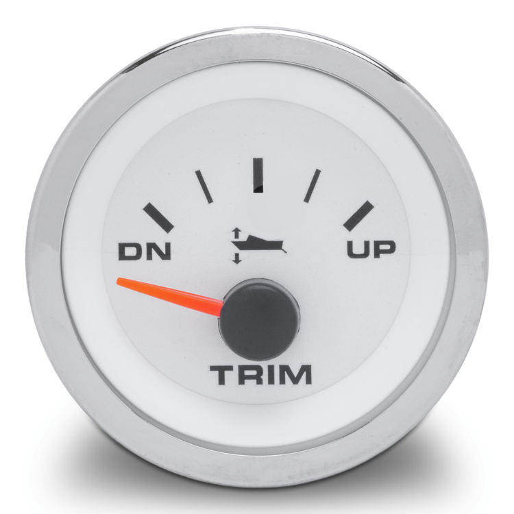 Trim gauge with white face and silver rim on a white background