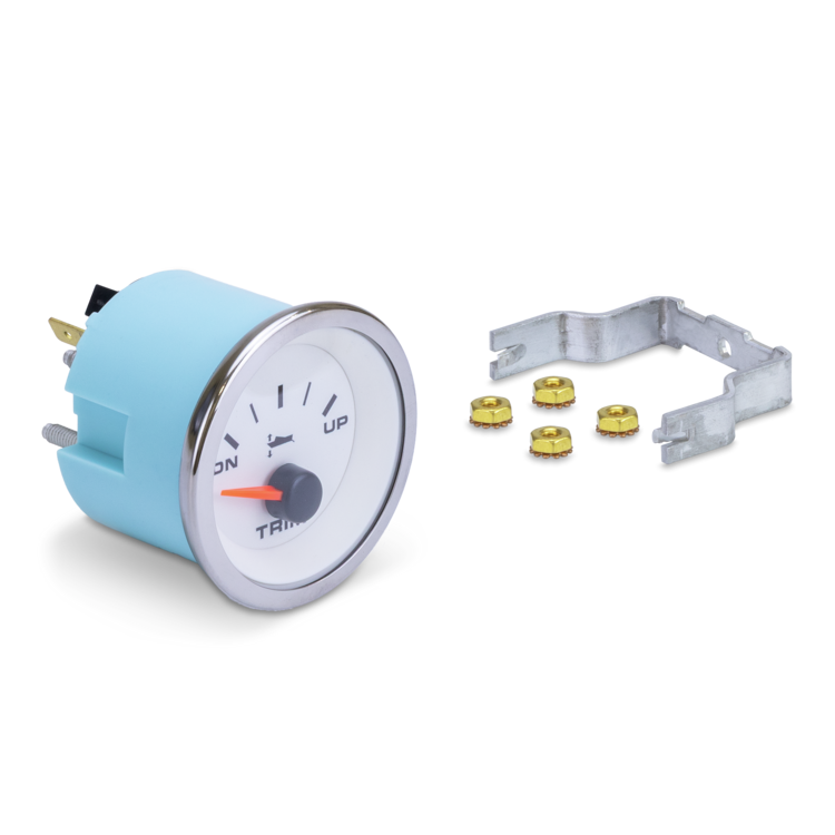 Blue trim gauge with mounting hardware on a white background