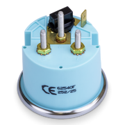 Rear view of gauge with a blue casing and metallic parts on a white background