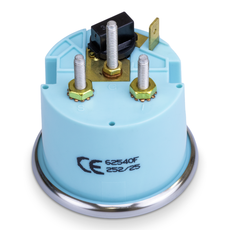Rear view of gauge with a blue casing and metallic parts on a white background