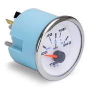 Temperature gauge with blue casing and white face on a white background