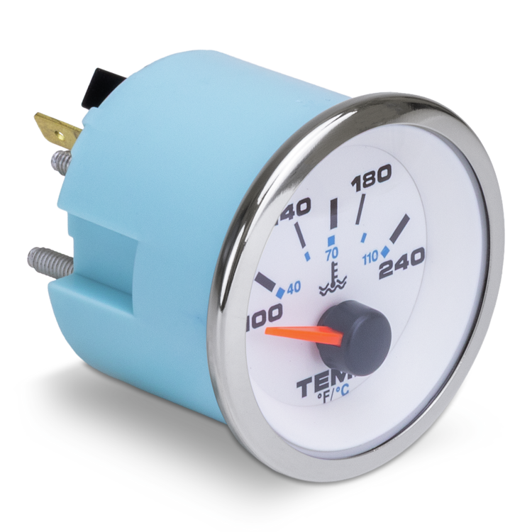 Temperature gauge with blue casing and white face on a white background