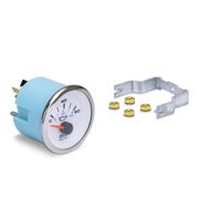 Oil pressure gauge with mounting bracket and screws on a white background