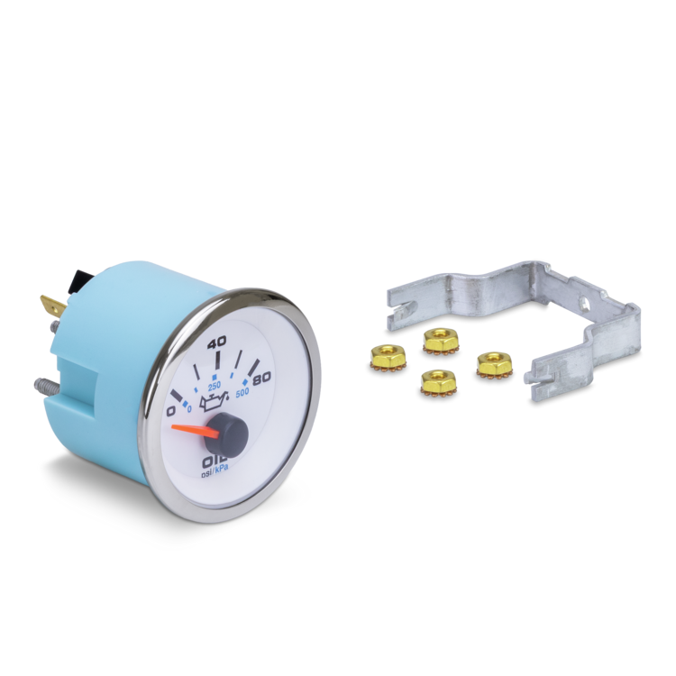 Oil pressure gauge with mounting bracket and screws on a white background
