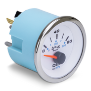 Blue oil pressure gauge with white face and on a white background