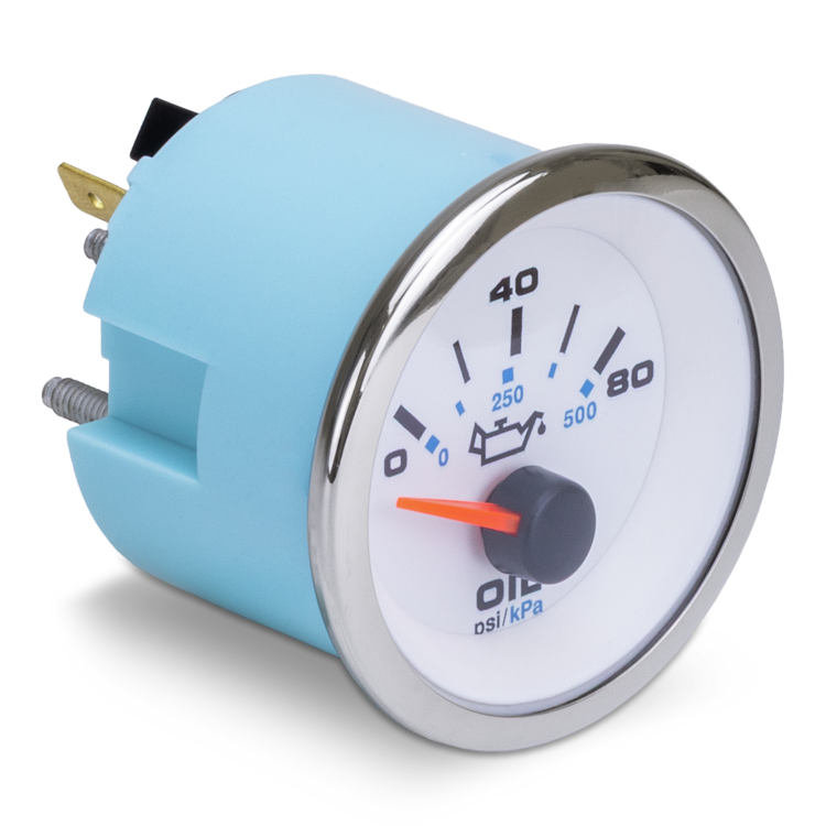 Blue oil pressure gauge with white face and on a white background