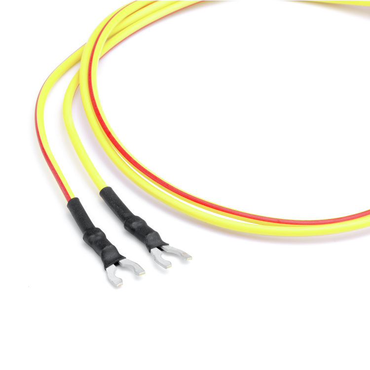 A pair of yellow and red insulated cable leads with black heat-shrink tubing and silver metal terminal connectors, shown on a plain white background.